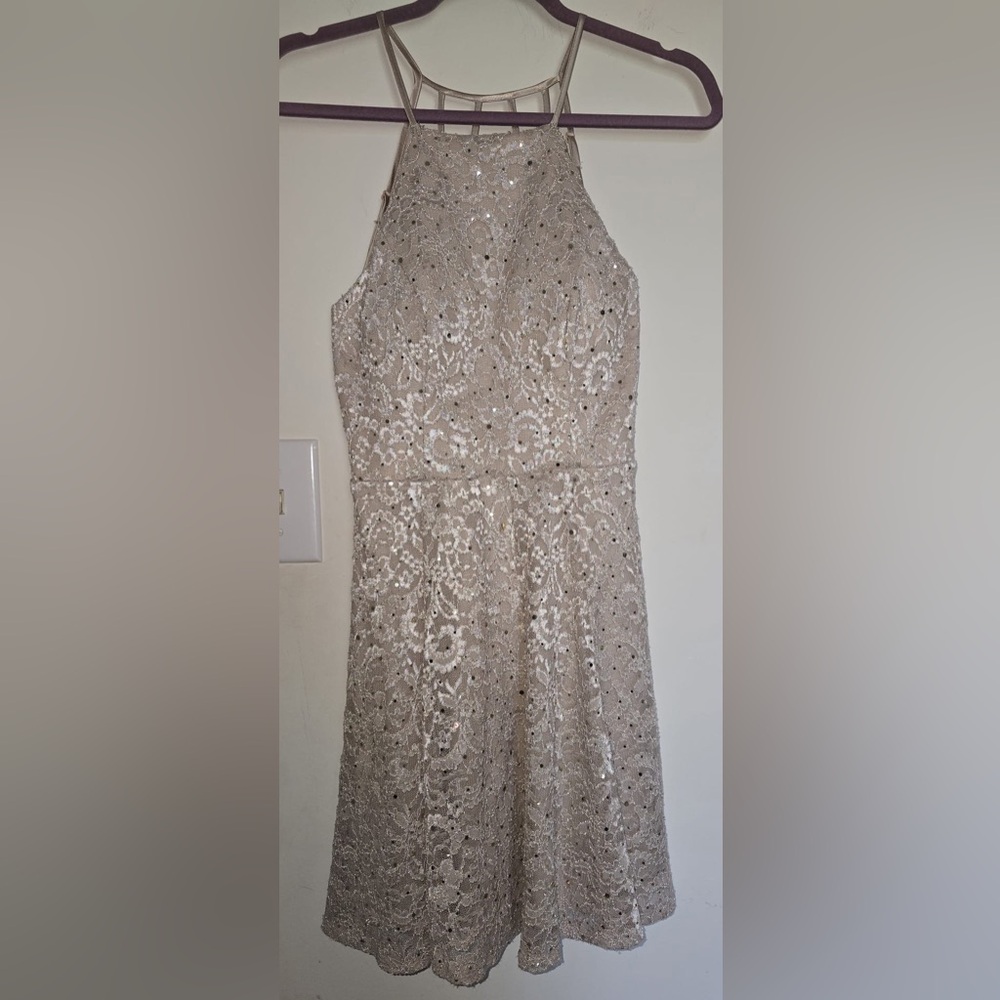 B Darlin Sparkling Beige Lace Dress